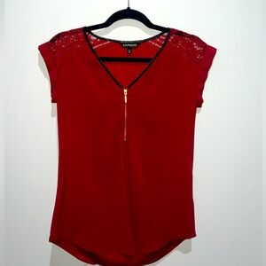 Express XXS blouse red with black leather looking trim on v neck